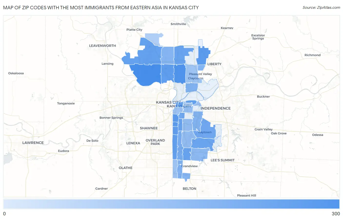 Zip Codes with the Most Immigrants from Eastern Asia in Kansas City Map