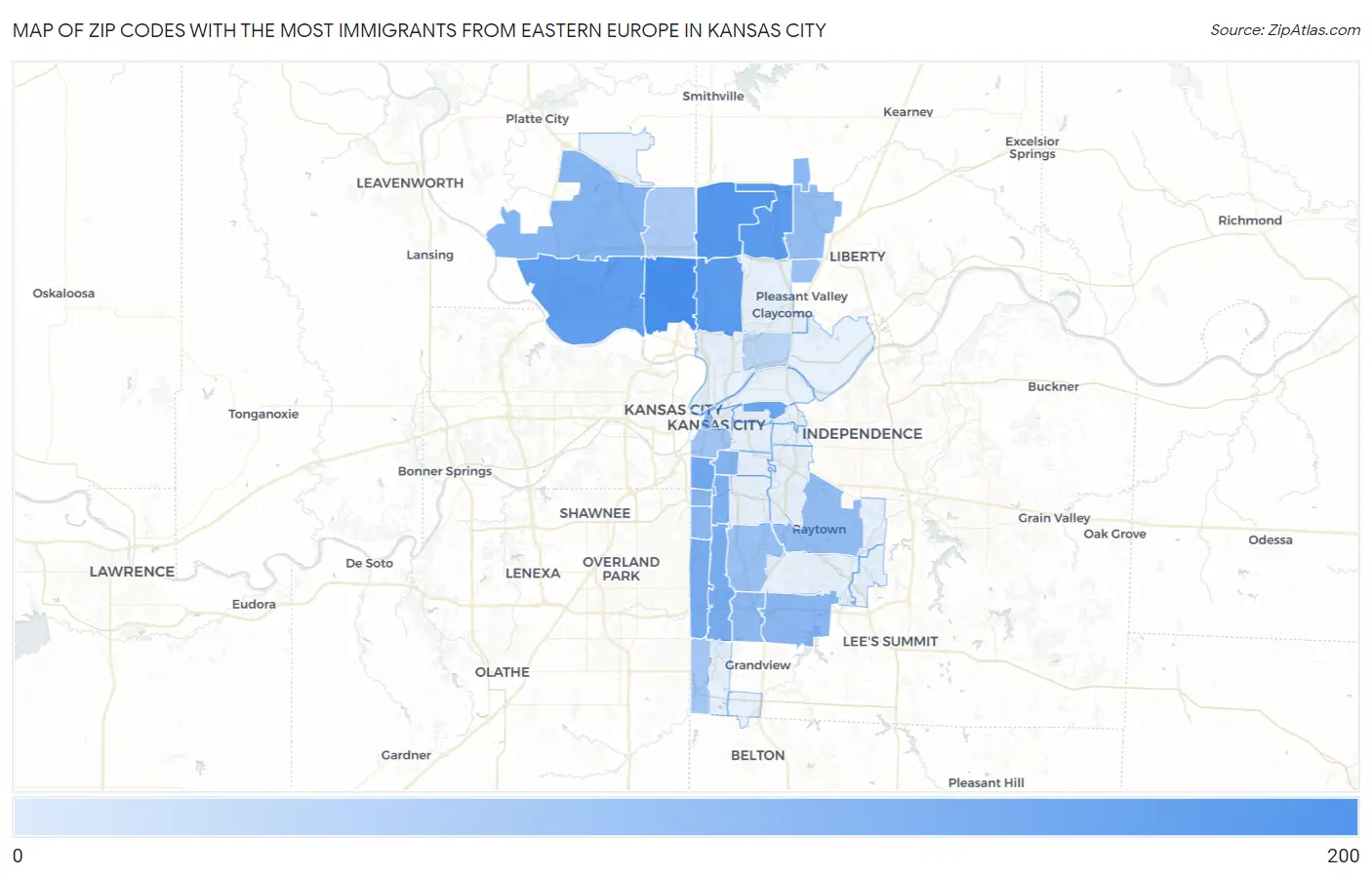 Zip Codes with the Most Immigrants from Eastern Europe in Kansas City Map