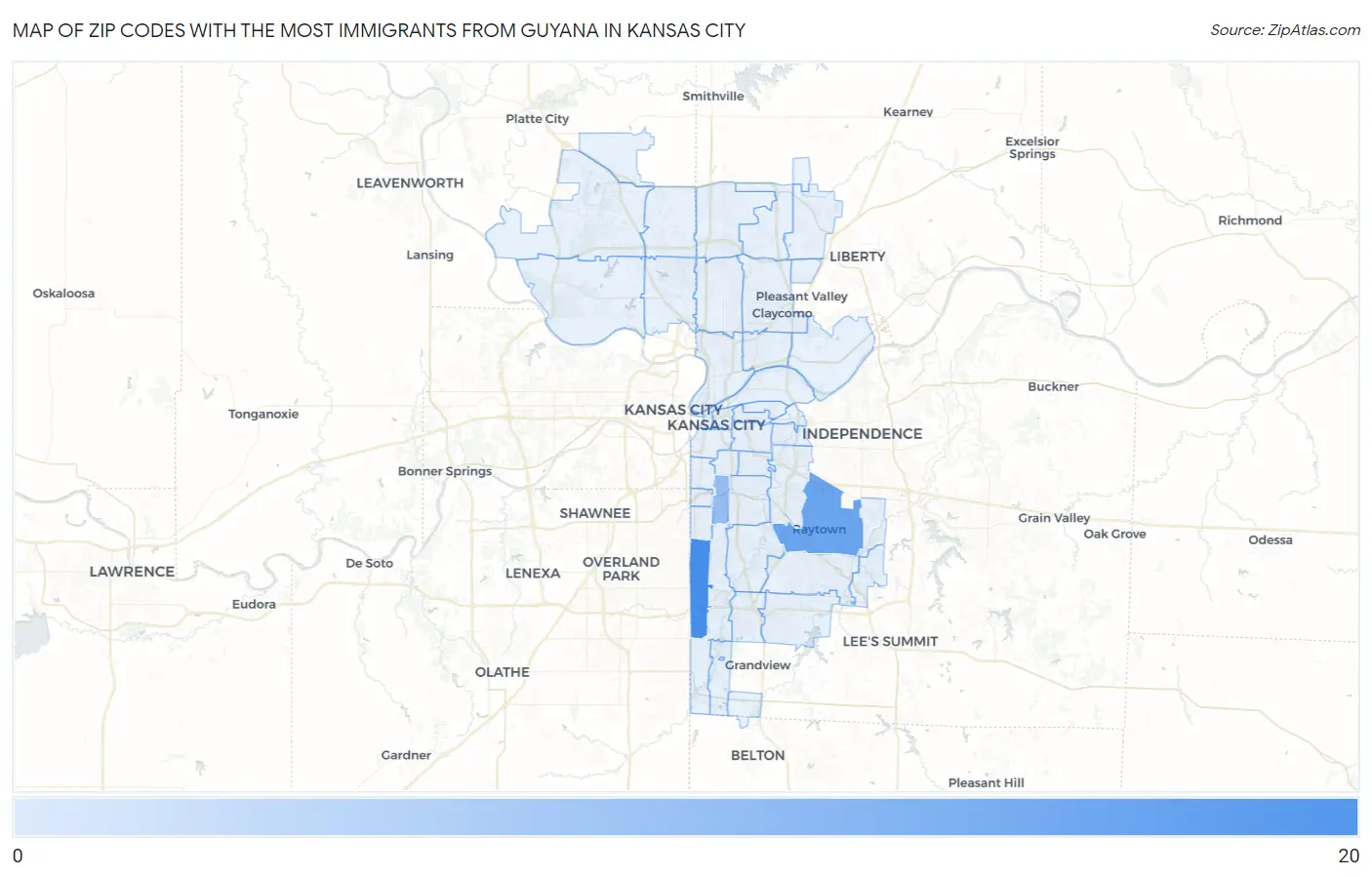 Zip Codes with the Most Immigrants from Guyana in Kansas City Map