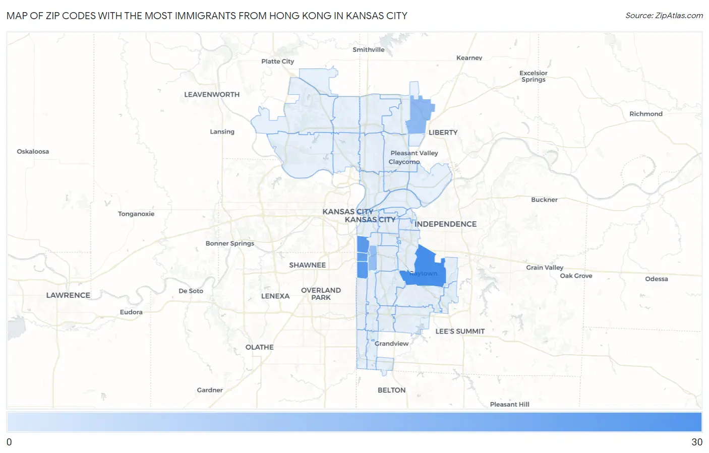 Zip Codes with the Most Immigrants from Hong Kong in Kansas City Map
