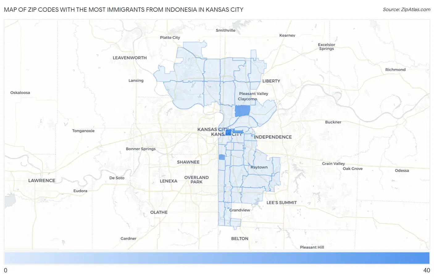 Zip Codes with the Most Immigrants from Indonesia in Kansas City Map