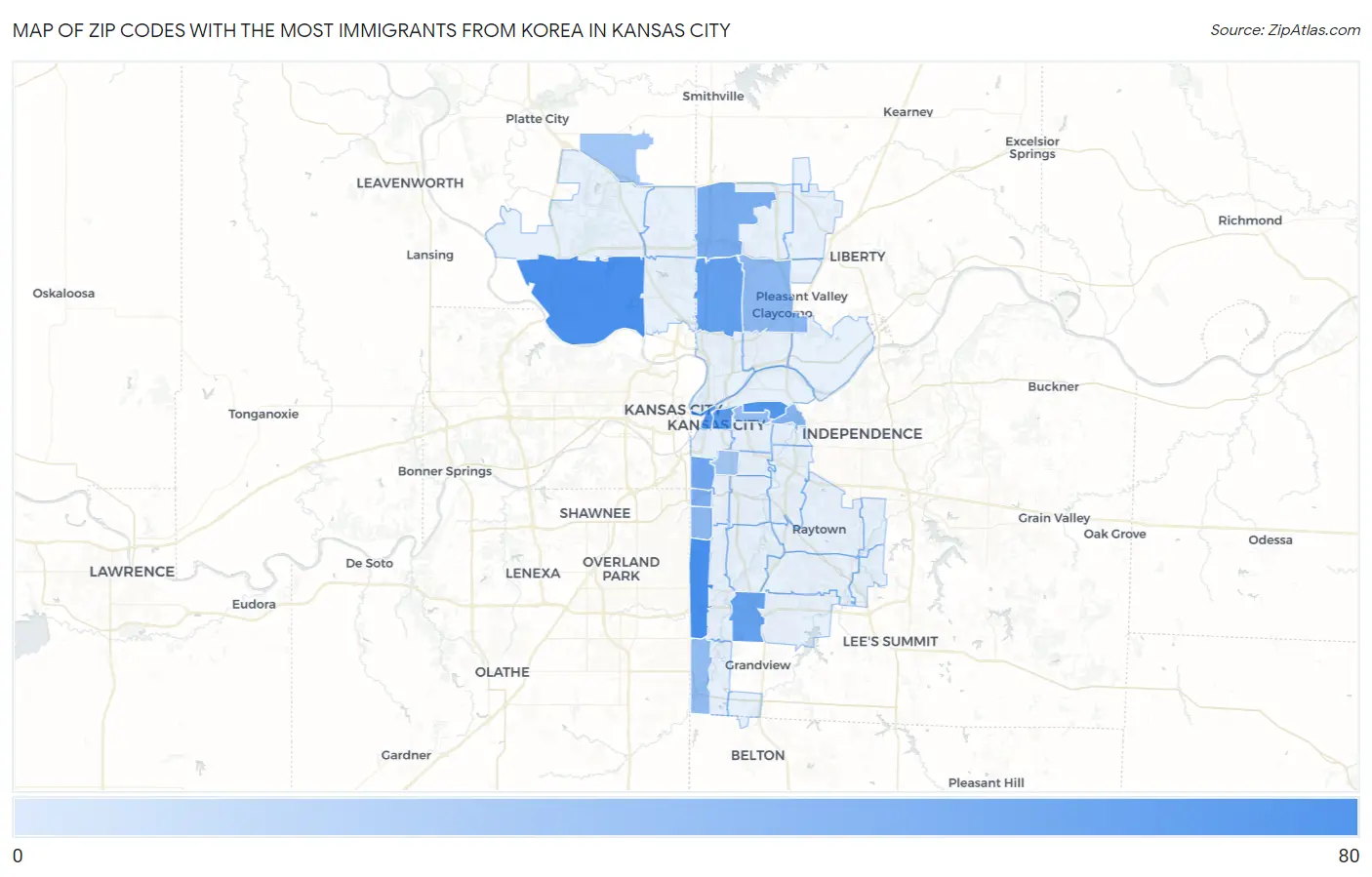 Zip Codes with the Most Immigrants from Korea in Kansas City Map