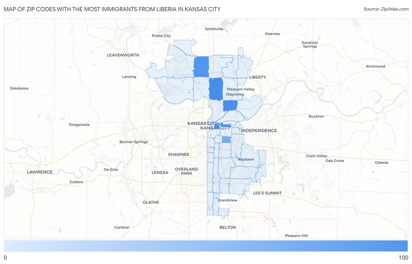Zip Codes with the Most Immigrants from Liberia in Kansas City Map