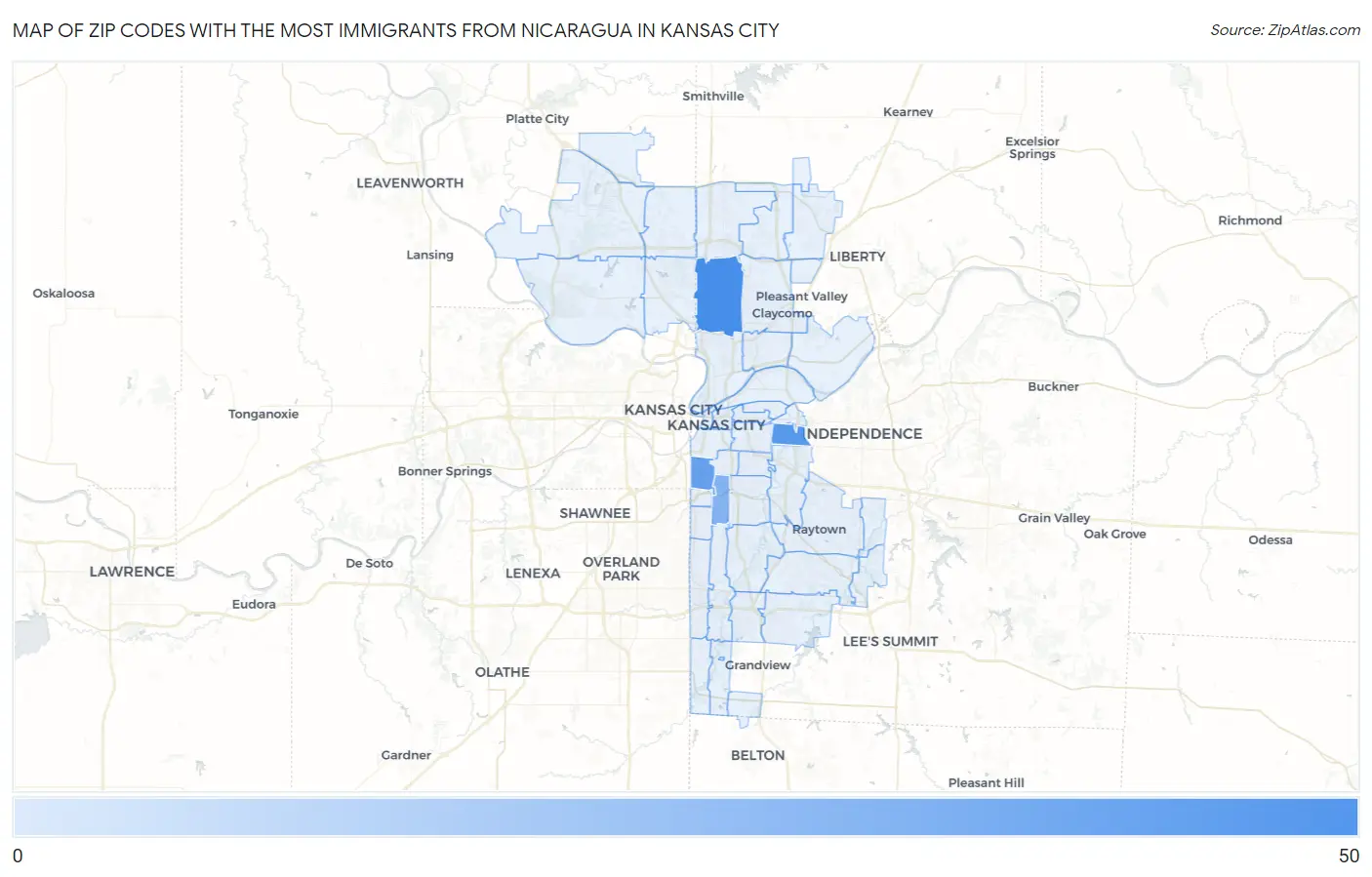Zip Codes with the Most Immigrants from Nicaragua in Kansas City Map