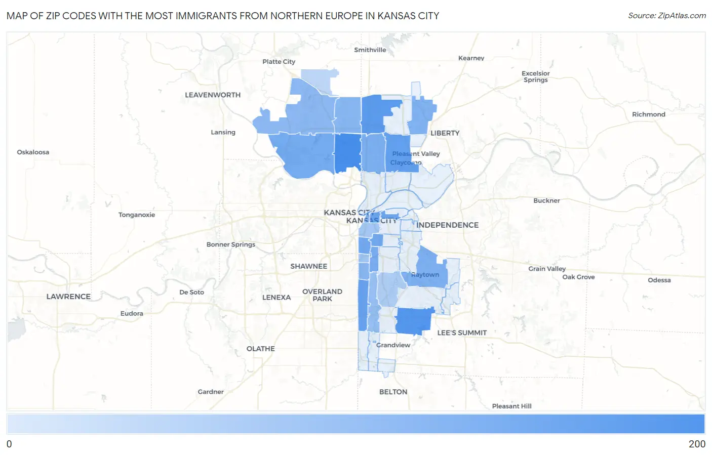 Zip Codes with the Most Immigrants from Northern Europe in Kansas City Map
