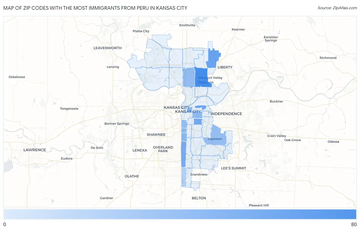 Zip Codes with the Most Immigrants from Peru in Kansas City Map
