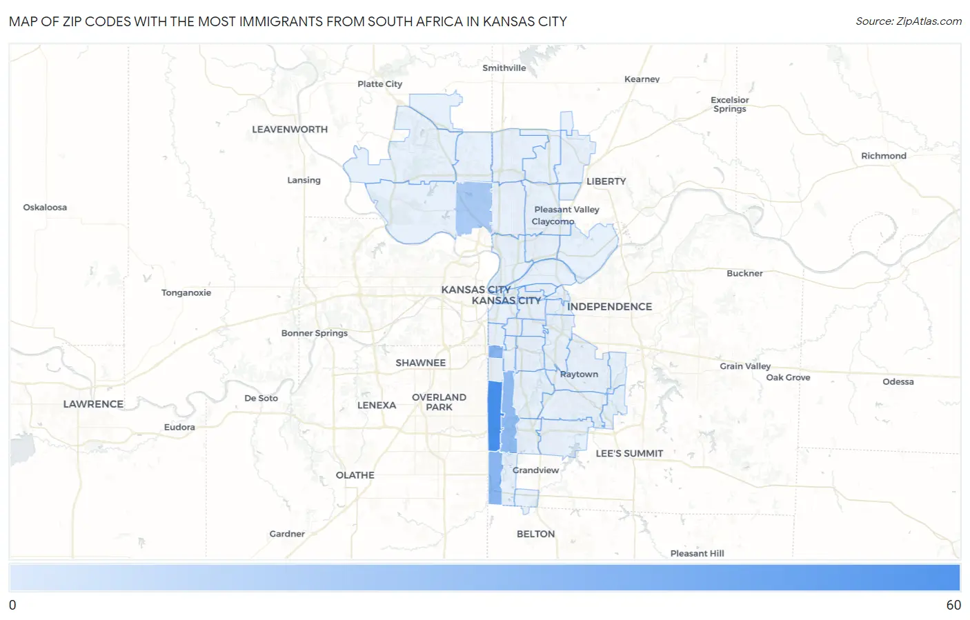Zip Codes with the Most Immigrants from South Africa in Kansas City Map