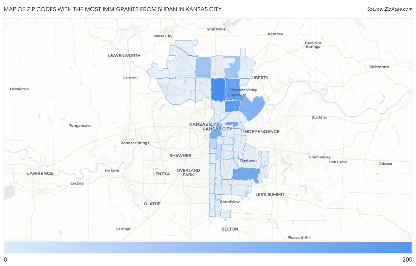 Zip Codes with the Most Immigrants from Sudan in Kansas City Map