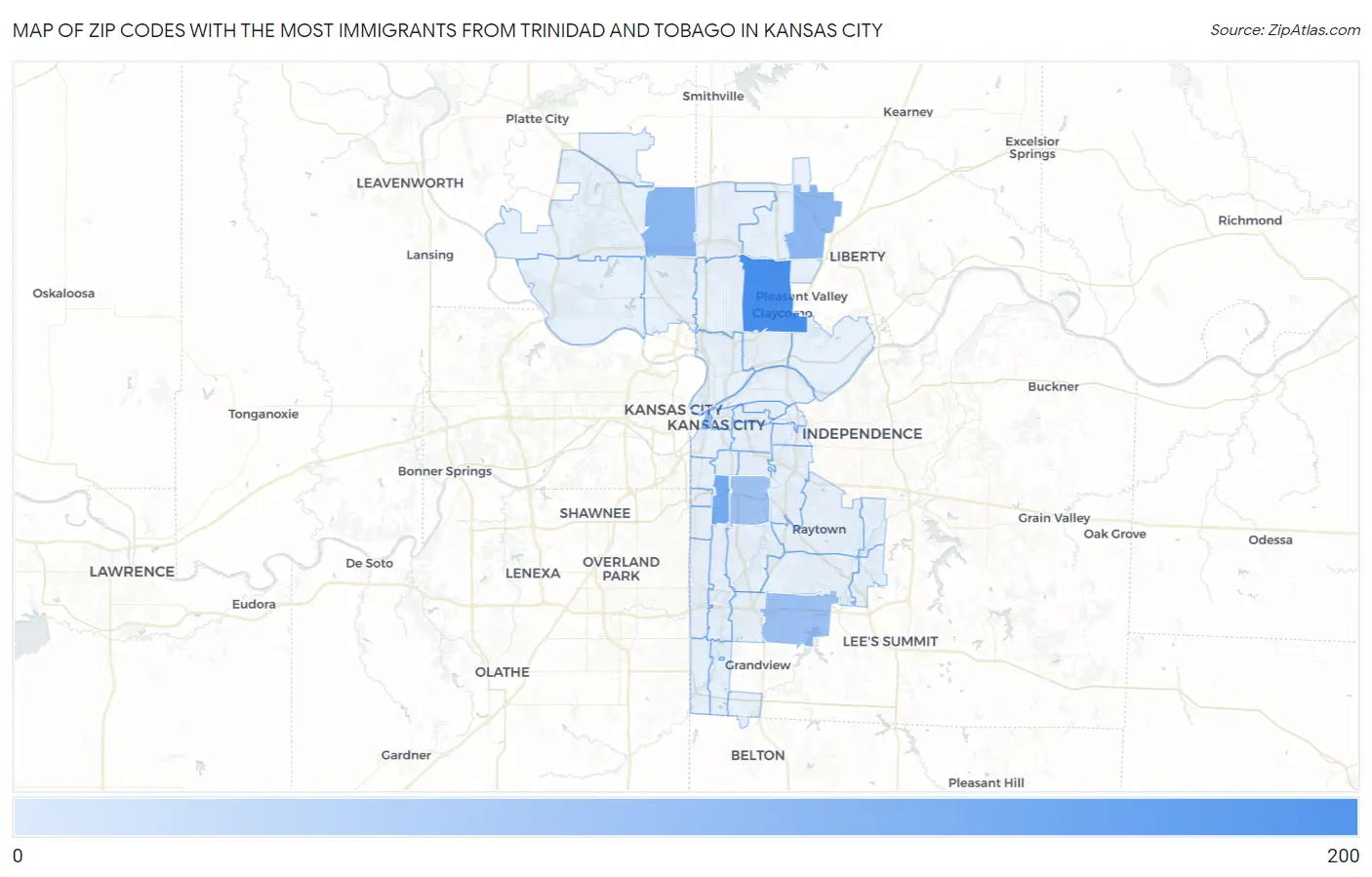 Zip Codes with the Most Immigrants from Trinidad and Tobago in Kansas City Map