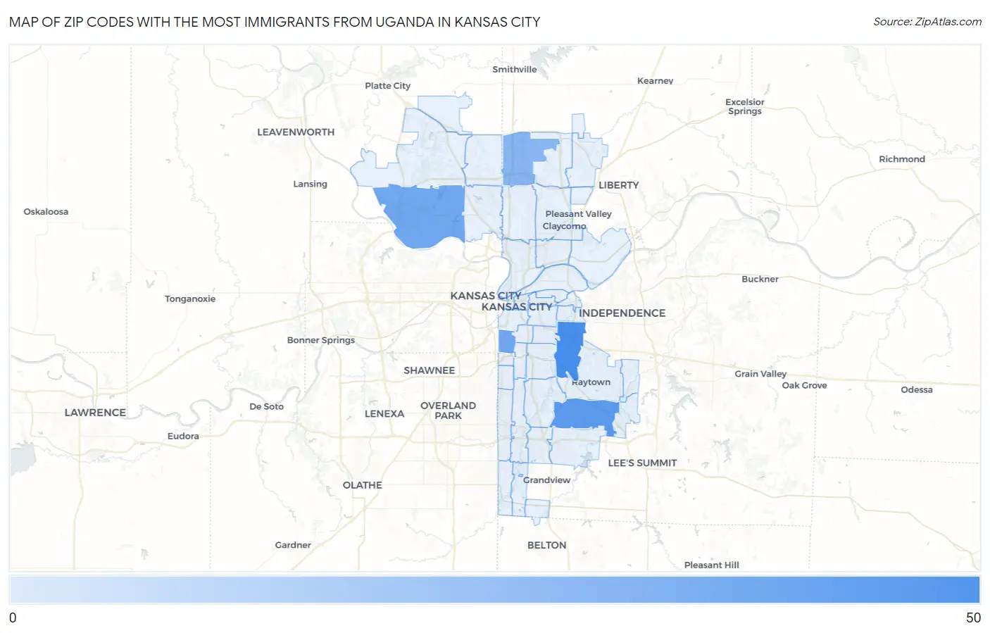 Zip Codes with the Most Immigrants from Uganda in Kansas City Map