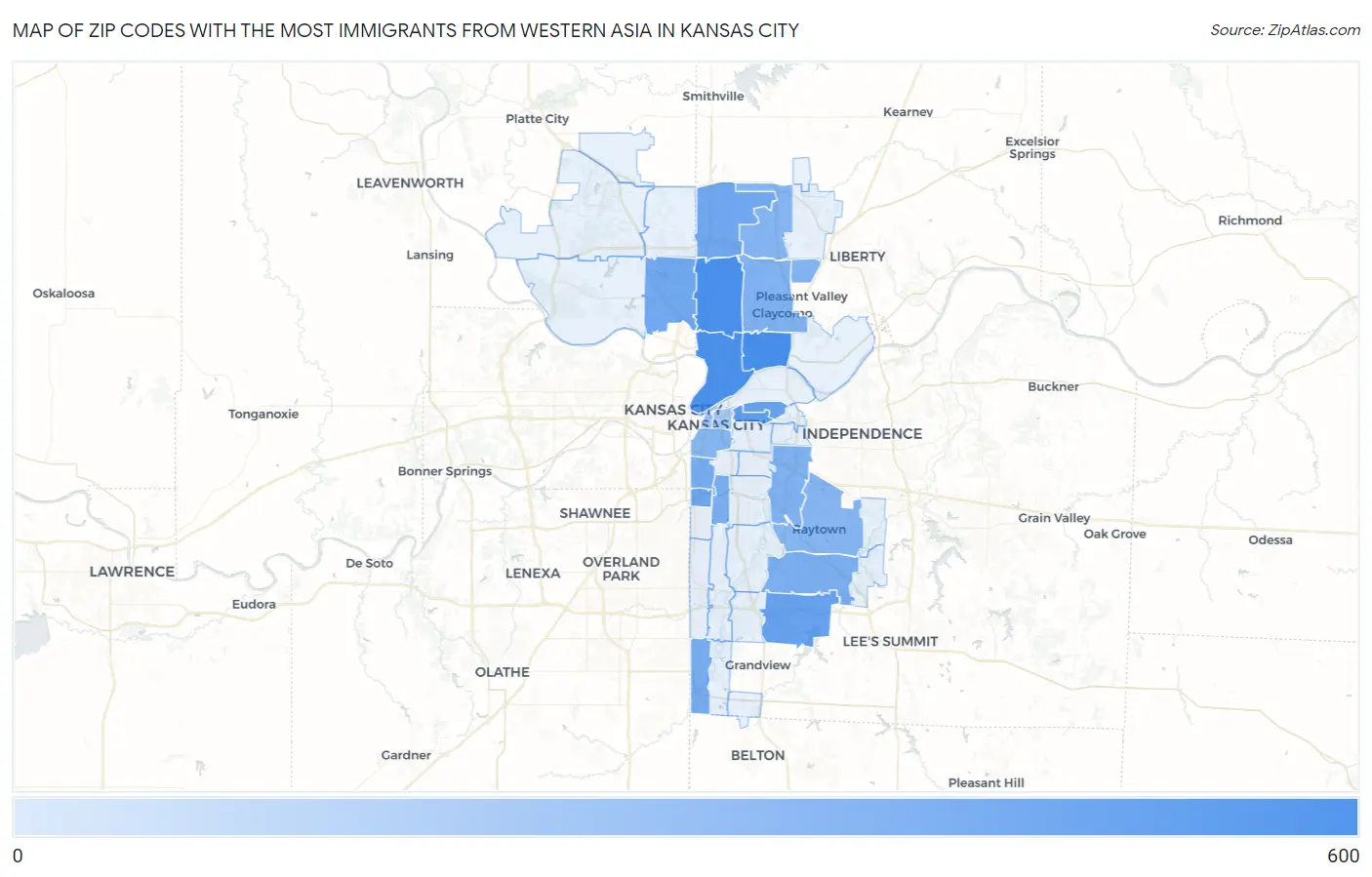 Zip Codes with the Most Immigrants from Western Asia in Kansas City Map