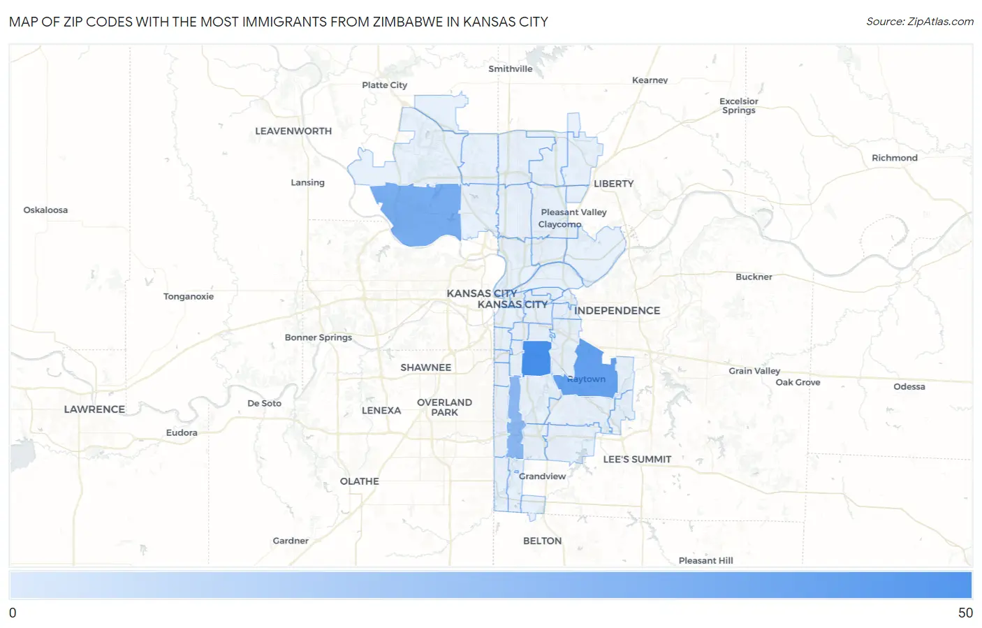 Zip Codes with the Most Immigrants from Zimbabwe in Kansas City Map