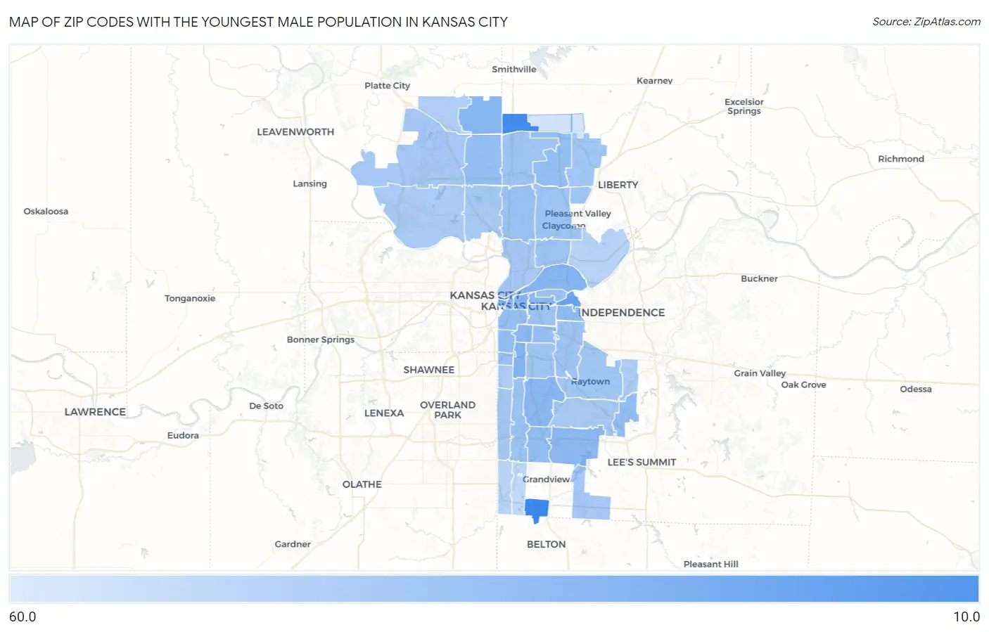 Zip Codes with the Youngest Male Population in Kansas City Map