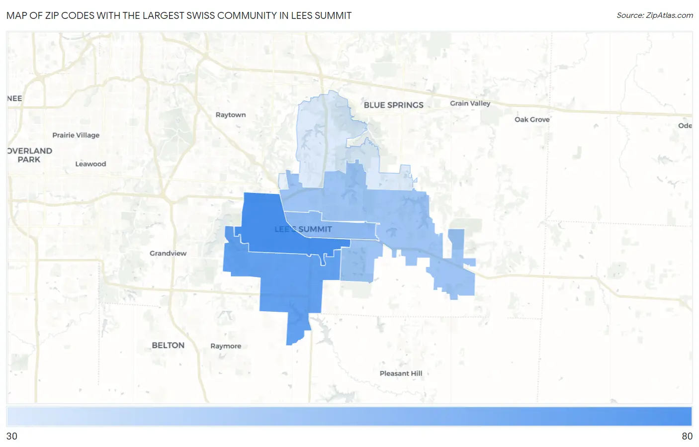 Zip Codes with the Largest Swiss Community in Lees Summit Map