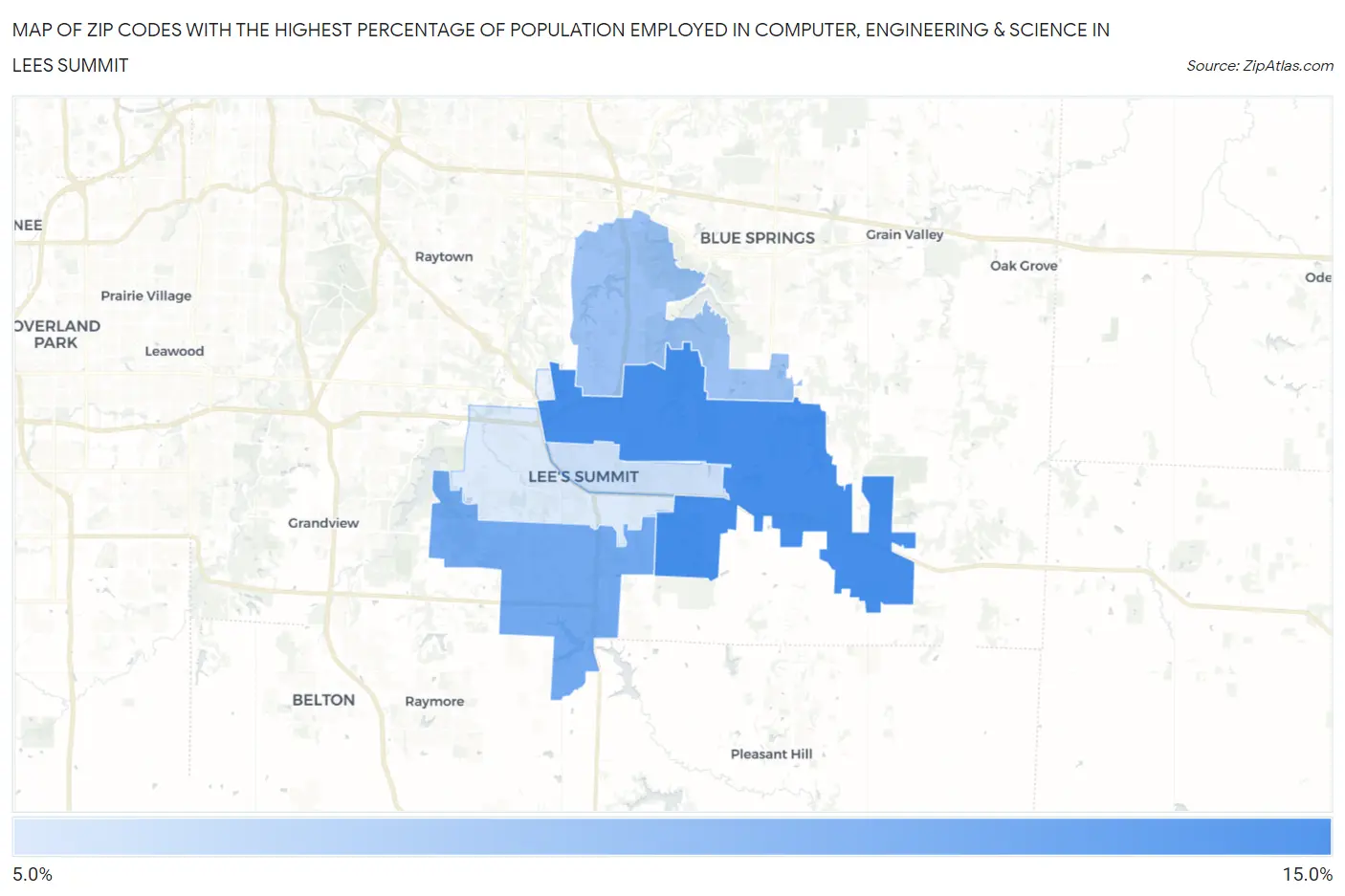 Zip Codes with the Highest Percentage of Population Employed in Computer, Engineering & Science in Lees Summit Map