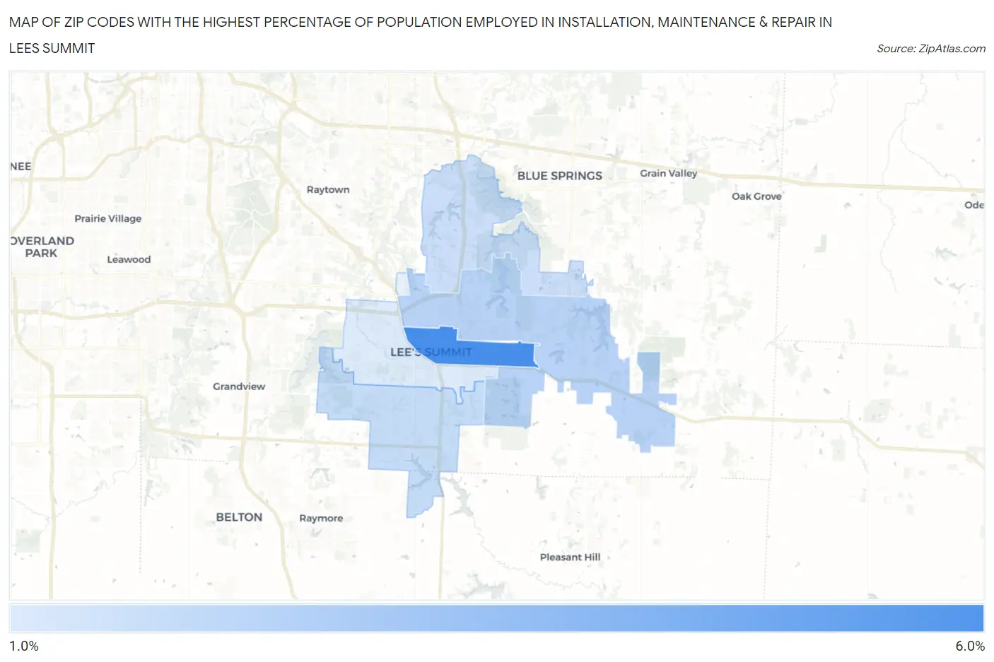 Zip Codes with the Highest Percentage of Population Employed in Installation, Maintenance & Repair in Lees Summit Map