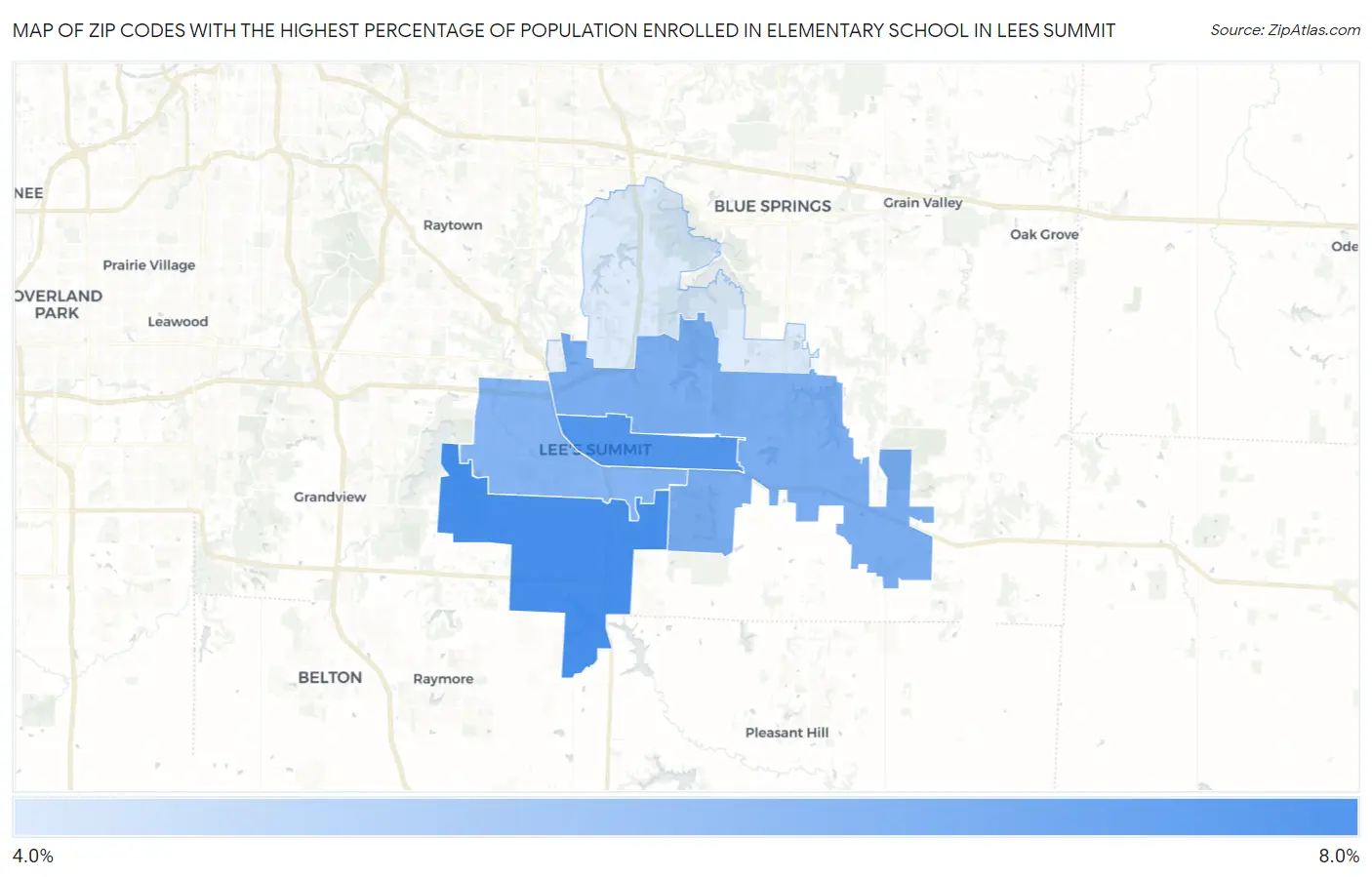 Zip Codes with the Highest Percentage of Population Enrolled in Elementary School in Lees Summit Map