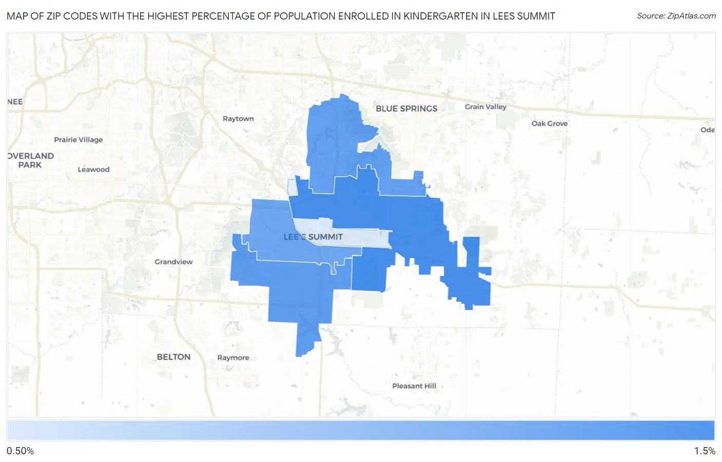 Zip Codes with the Highest Percentage of Population Enrolled in Kindergarten in Lees Summit Map