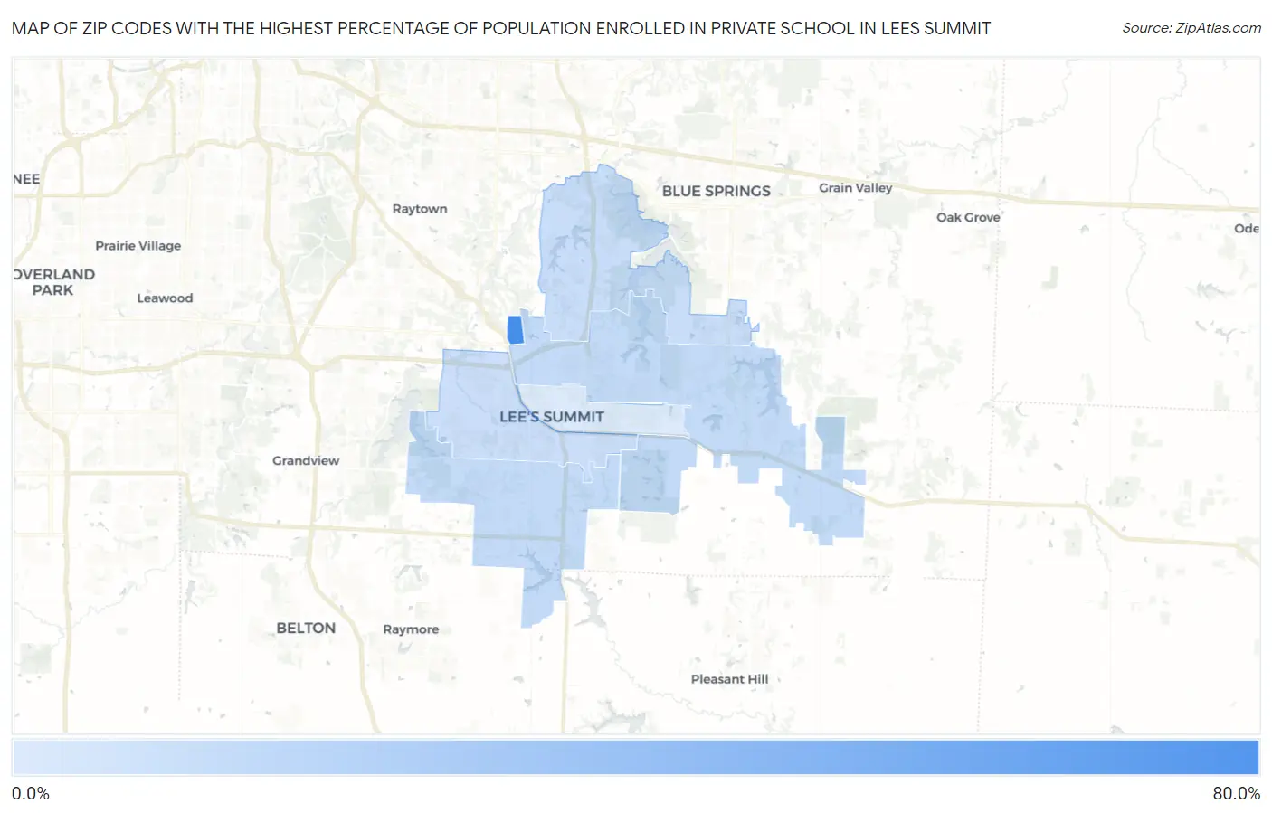 Zip Codes with the Highest Percentage of Population Enrolled in Private School in Lees Summit Map
