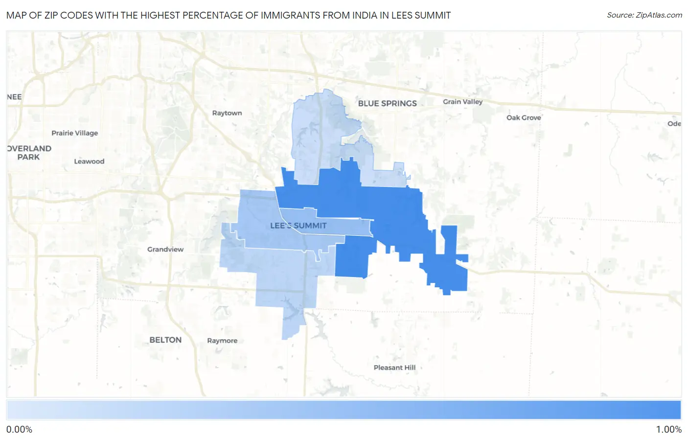 Zip Codes with the Highest Percentage of Immigrants from India in Lees Summit Map