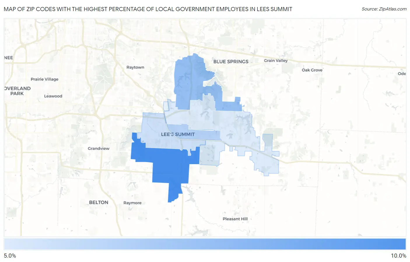 Zip Codes with the Highest Percentage of Local Government Employees in Lees Summit Map