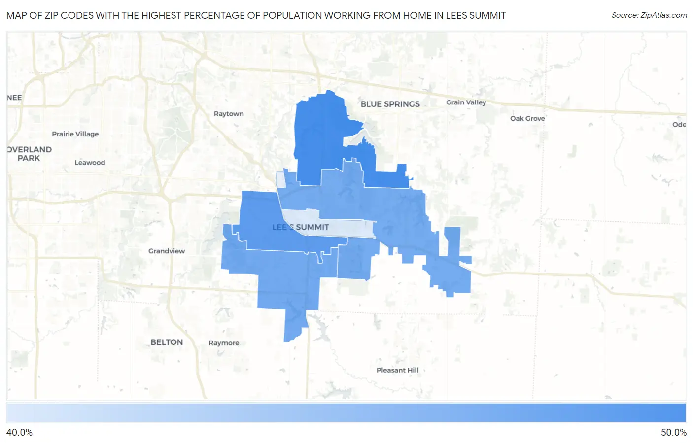 Zip Codes with the Highest Percentage of Population Working from Home in Lees Summit Map