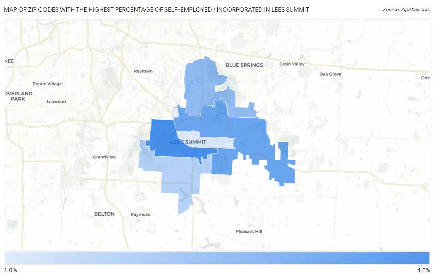 Zip Codes with the Highest Percentage of Self-Employed / Incorporated in Lees Summit Map