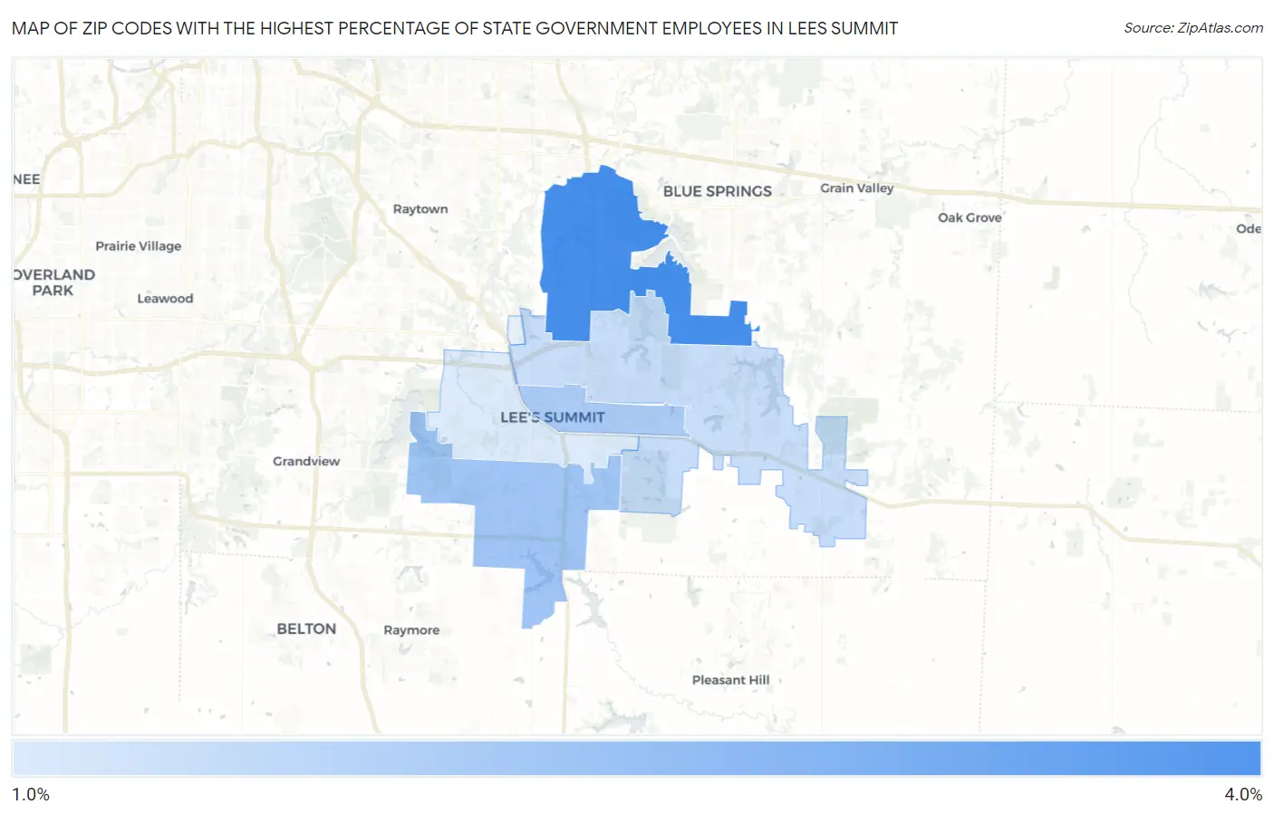Zip Codes with the Highest Percentage of State Government Employees in Lees Summit Map