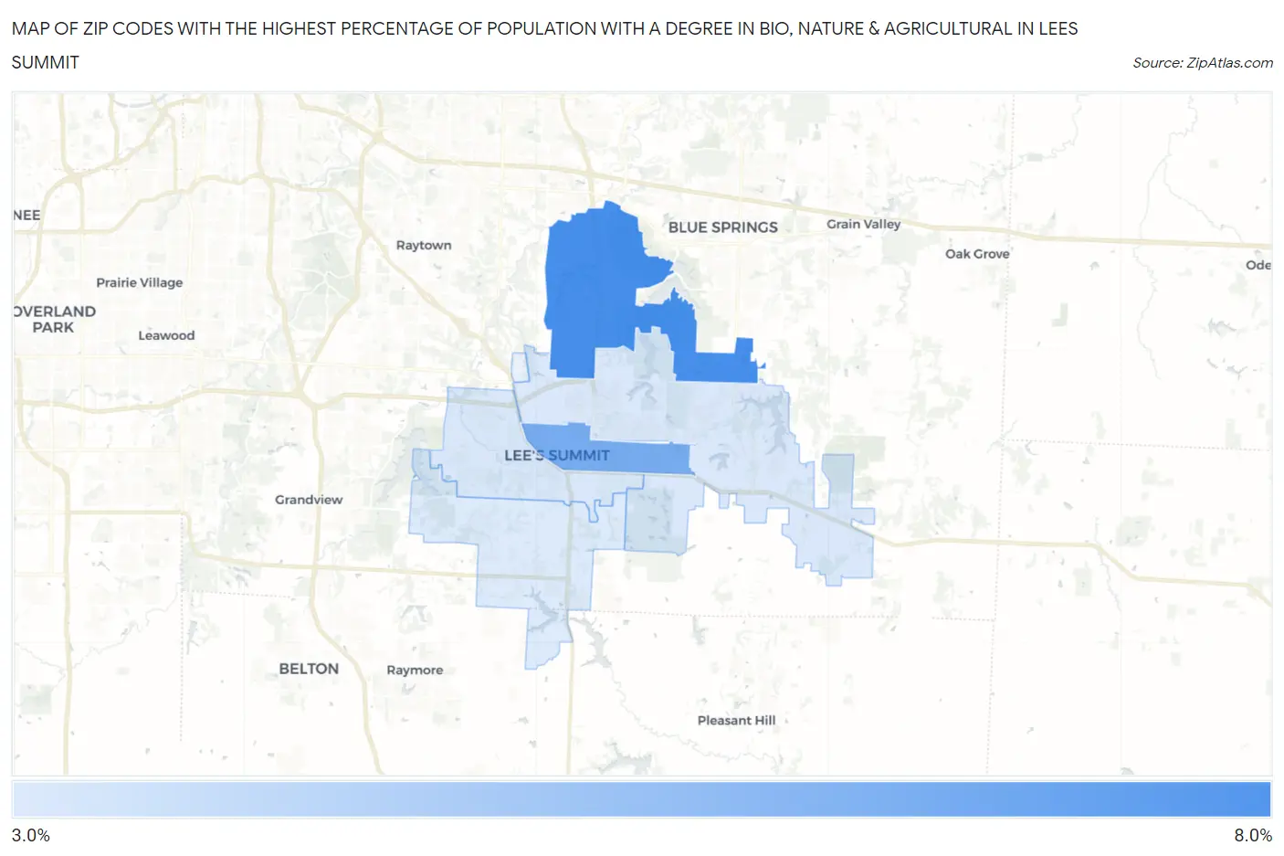 Zip Codes with the Highest Percentage of Population with a Degree in Bio, Nature & Agricultural in Lees Summit Map