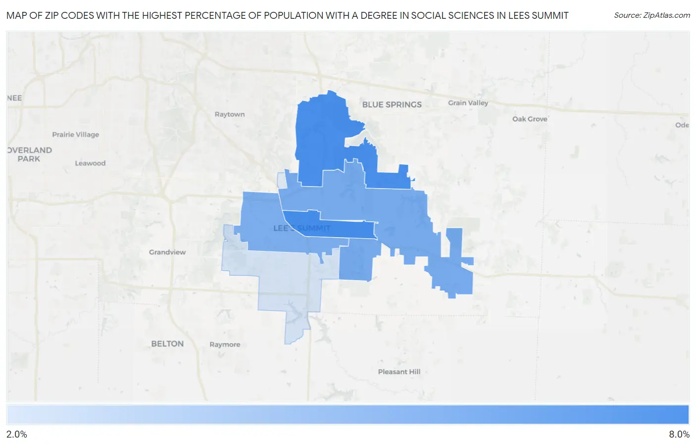 Zip Codes with the Highest Percentage of Population with a Degree in Social Sciences in Lees Summit Map