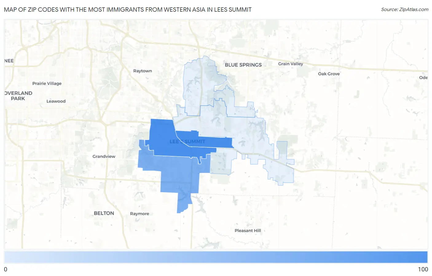 Zip Codes with the Most Immigrants from Western Asia in Lees Summit Map
