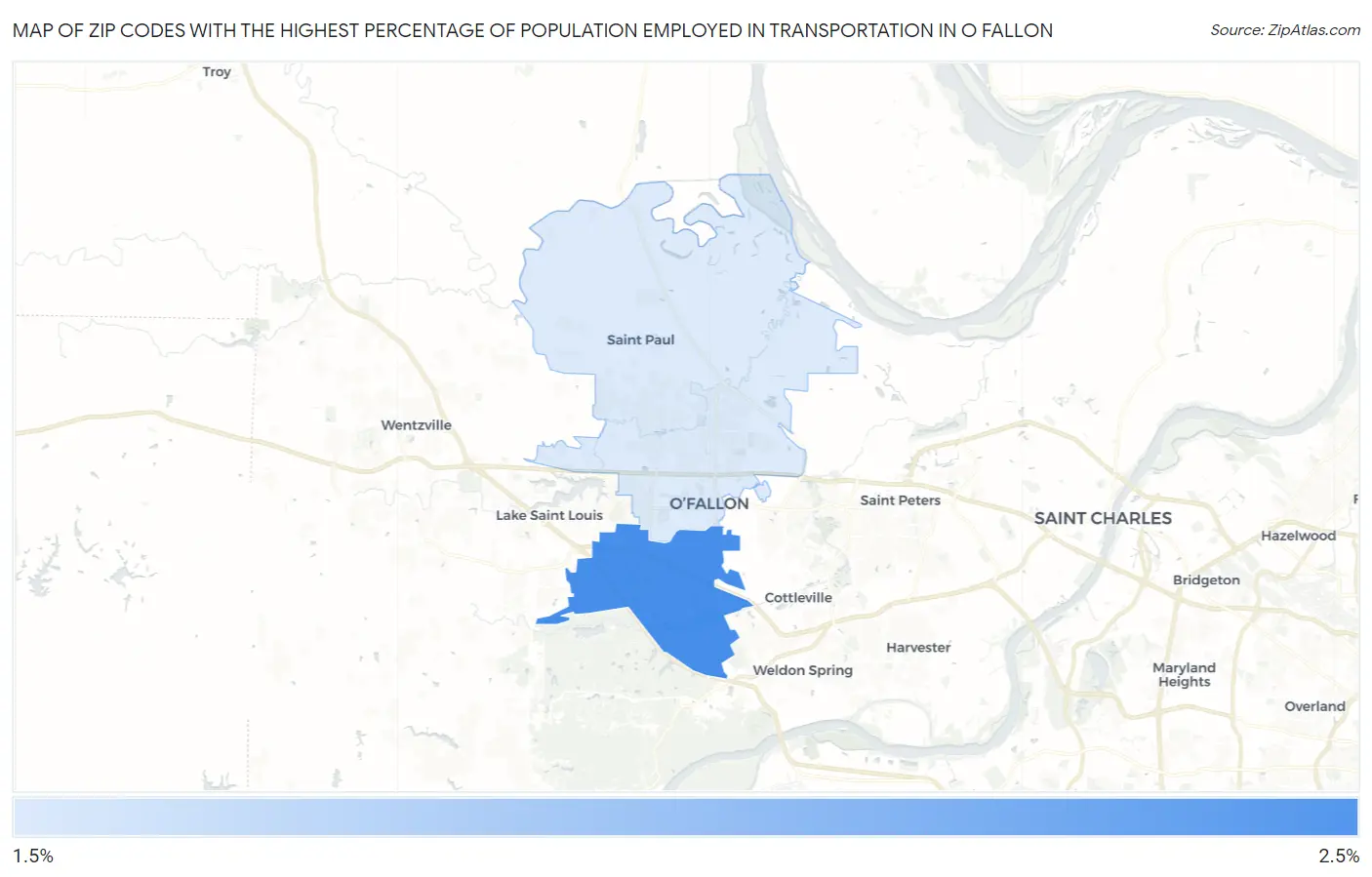 Zip Codes with the Highest Percentage of Population Employed in Transportation in O Fallon Map