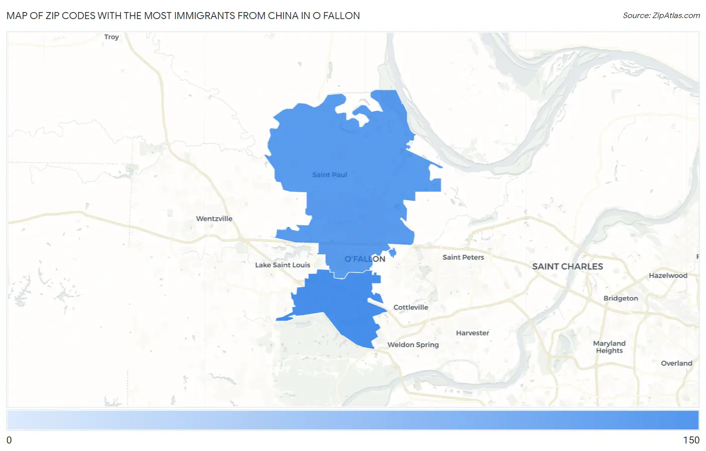 Zip Codes with the Most Immigrants from China in O Fallon Map