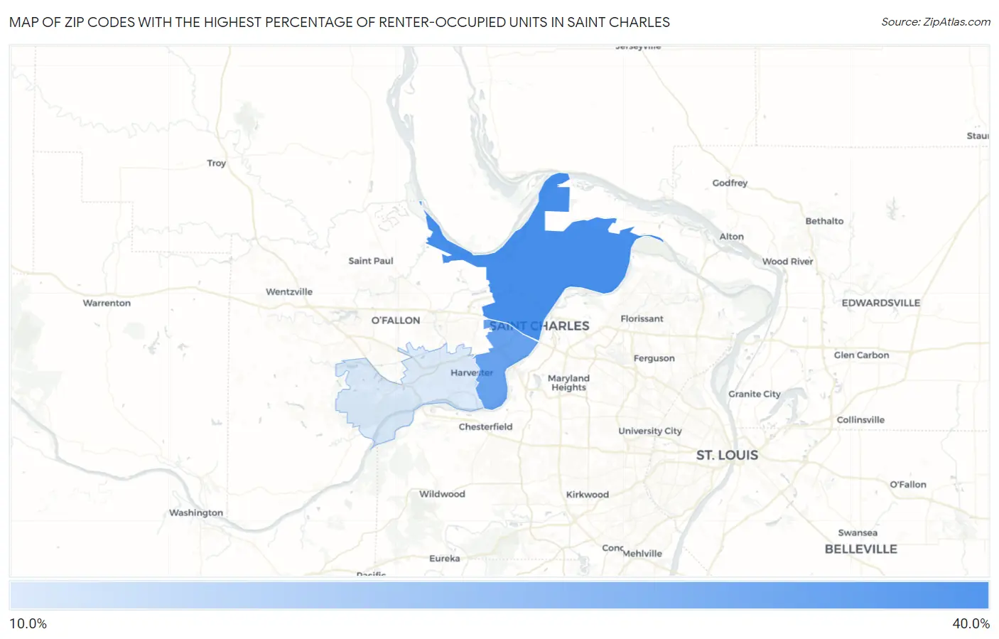 Zip Codes with the Highest Percentage of Renter-Occupied Units in Saint Charles Map