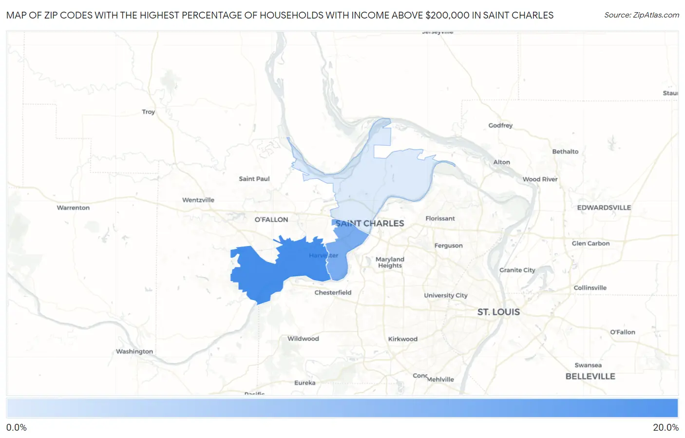 Zip Codes with the Highest Percentage of Households with Income Above $200,000 in Saint Charles Map