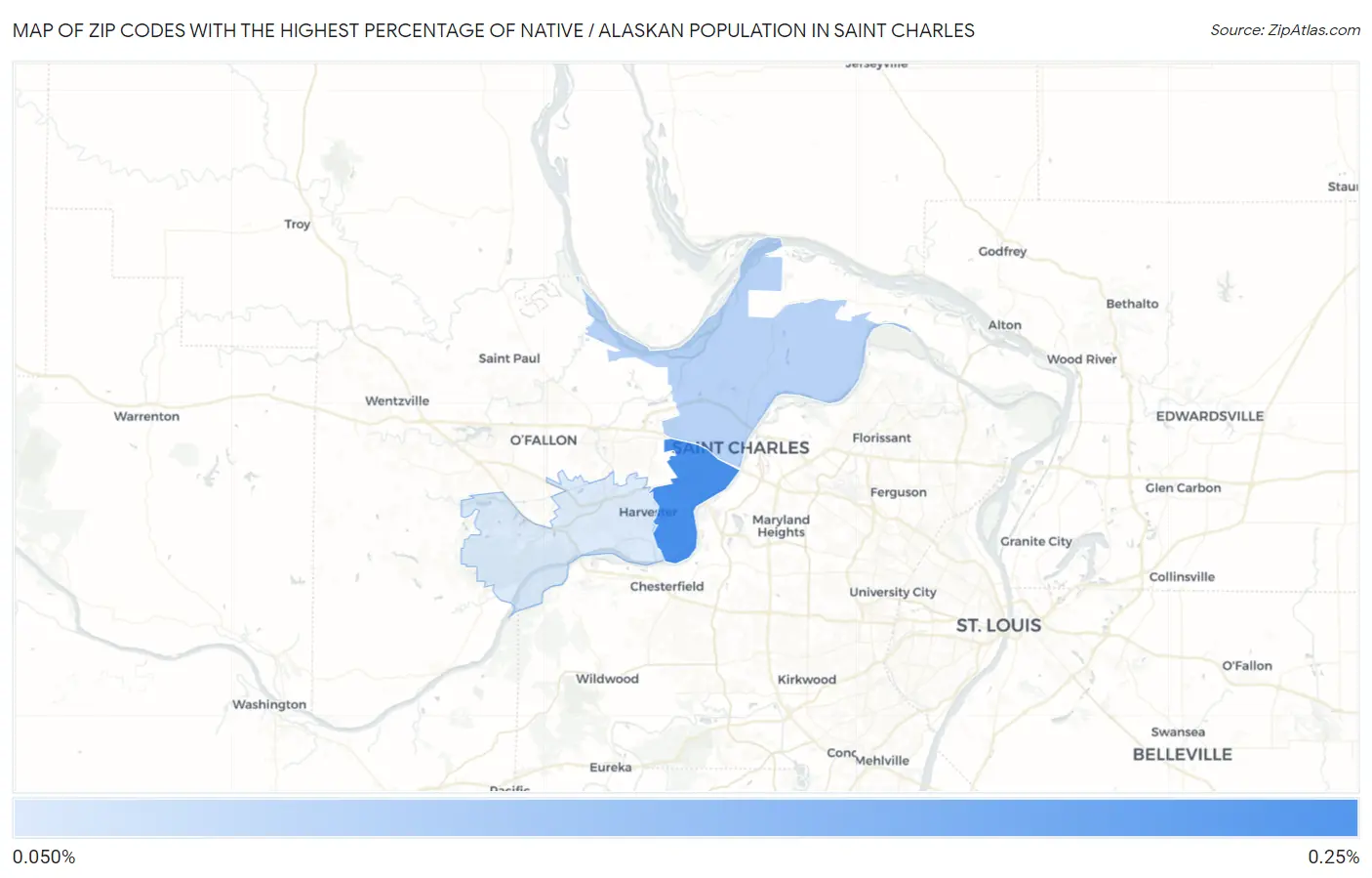 Zip Codes with the Highest Percentage of Native / Alaskan Population in Saint Charles Map