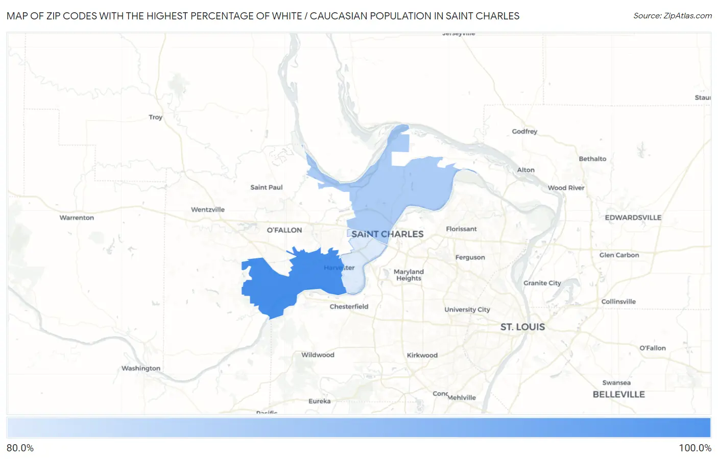 Zip Codes with the Highest Percentage of White / Caucasian Population in Saint Charles Map