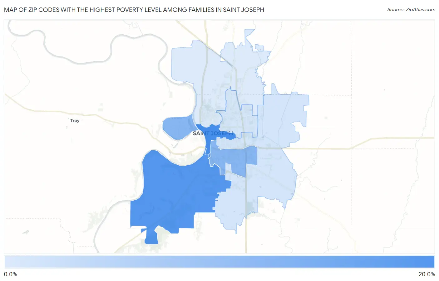 Zip Codes with the Highest Poverty Level Among Families in Saint Joseph Map