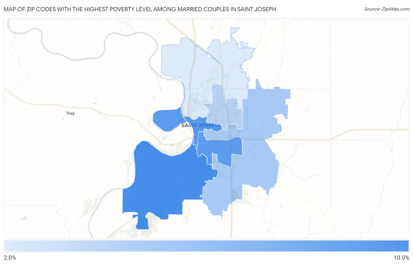 Zip Codes with the Highest Poverty Level Among Married Couples in Saint Joseph Map