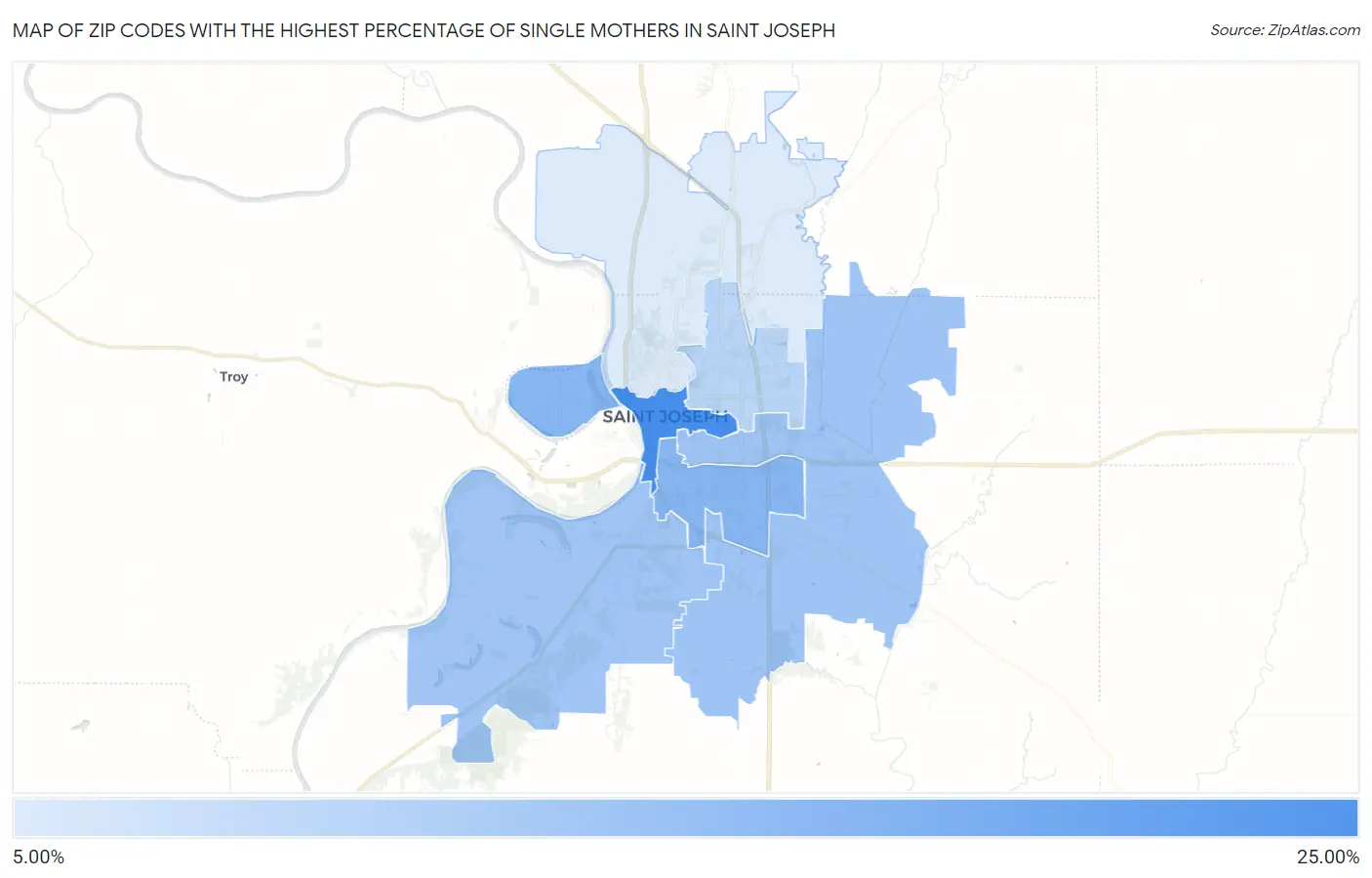 Zip Codes with the Highest Percentage of Single Mothers in Saint Joseph Map