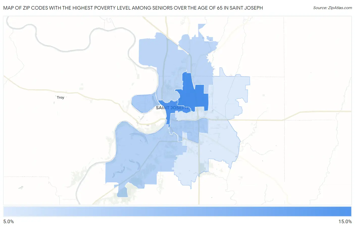 Zip Codes with the Highest Poverty Level Among Seniors Over the Age of 65 in Saint Joseph Map
