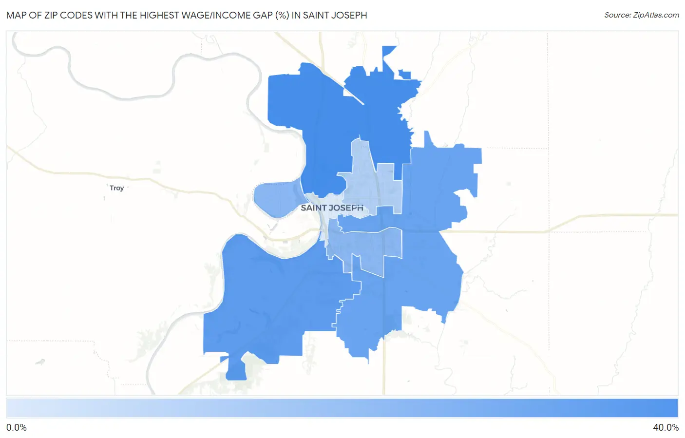 Zip Codes with the Highest Wage/Income Gap (%) in Saint Joseph Map