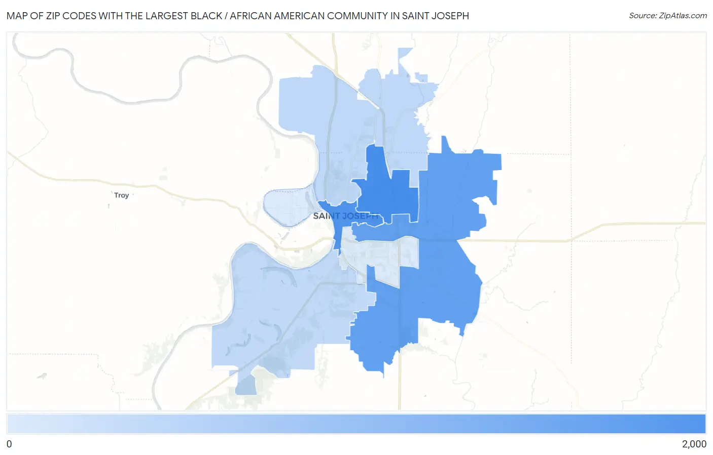 Zip Codes with the Largest Black / African American Community in Saint Joseph Map