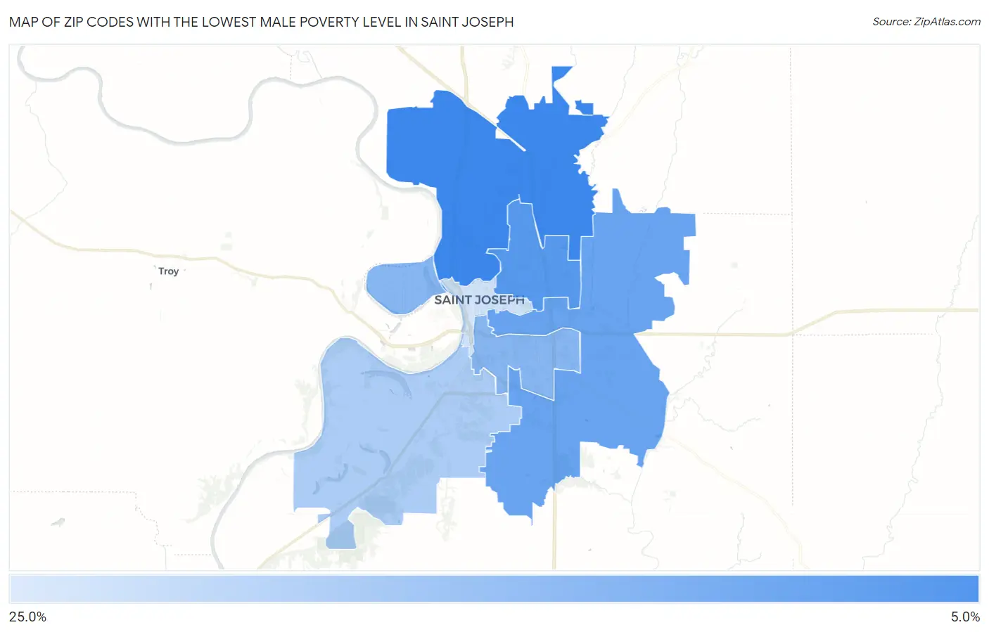 Zip Codes with the Lowest Male Poverty Level in Saint Joseph Map
