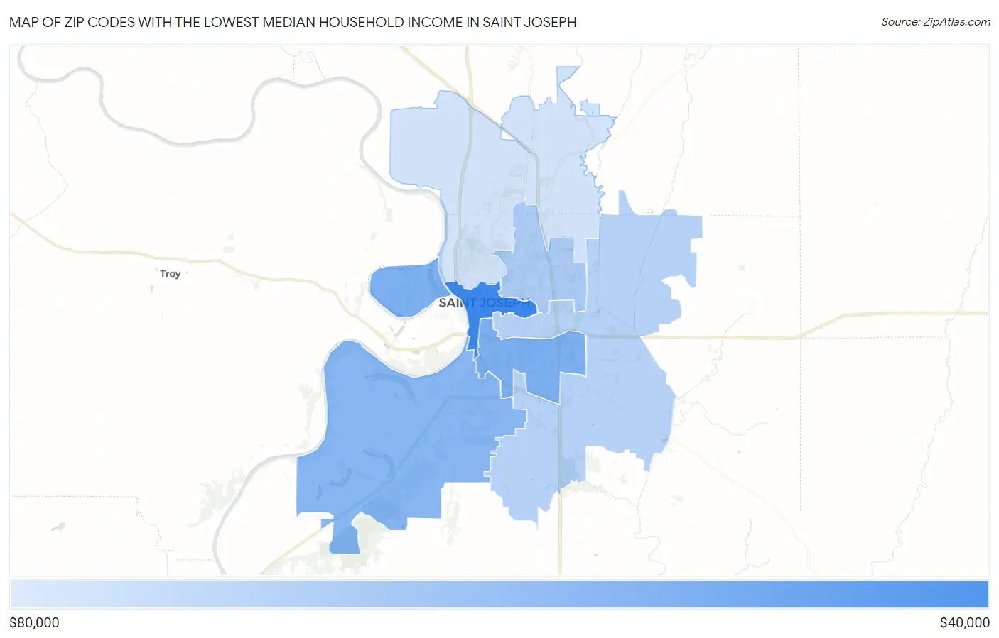 Zip Codes with the Lowest Median Household Income in Saint Joseph Map
