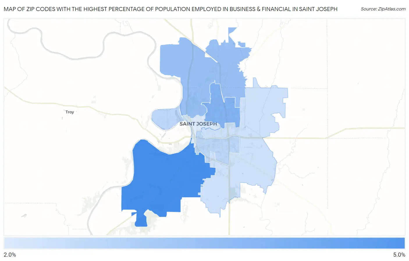 Zip Codes with the Highest Percentage of Population Employed in Business & Financial in Saint Joseph Map