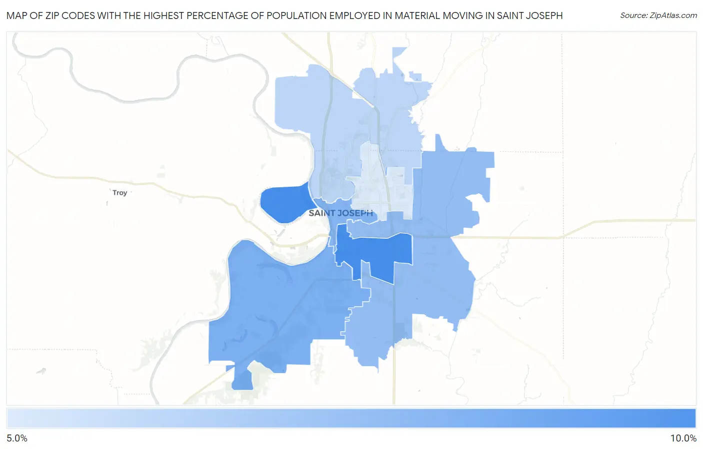 Zip Codes with the Highest Percentage of Population Employed in Material Moving in Saint Joseph Map