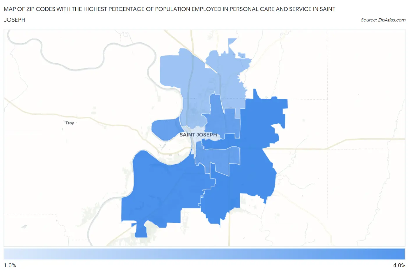 Zip Codes with the Highest Percentage of Population Employed in Personal Care and Service in Saint Joseph Map