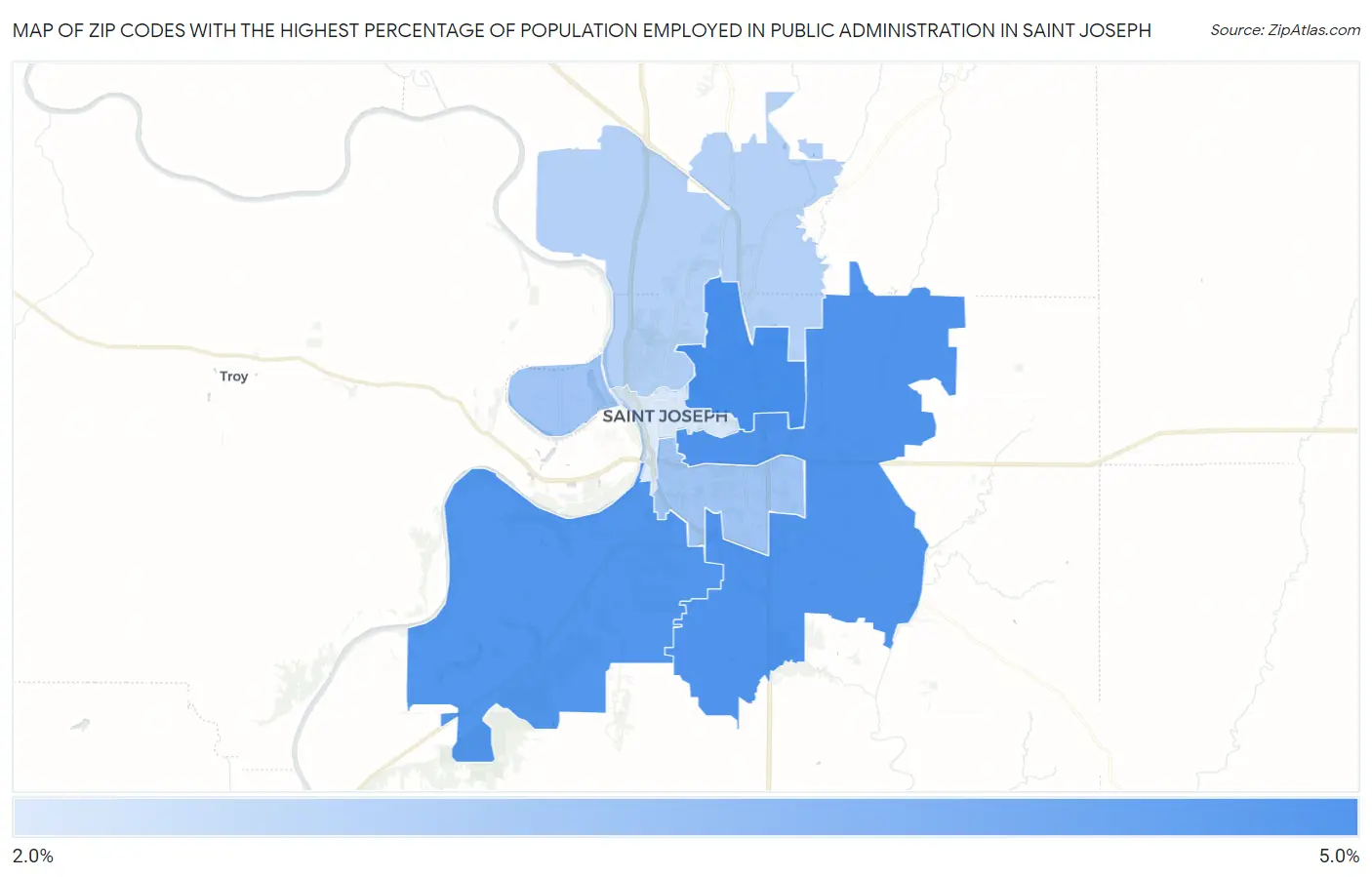 Zip Codes with the Highest Percentage of Population Employed in Public Administration in Saint Joseph Map