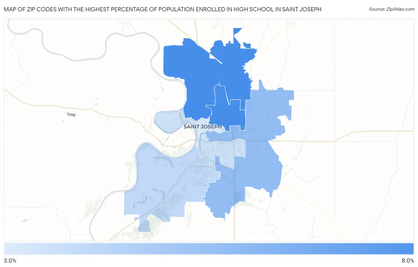 Zip Codes with the Highest Percentage of Population Enrolled in High School in Saint Joseph Map